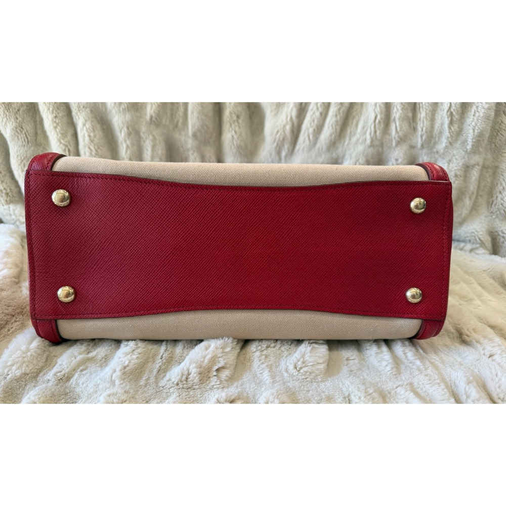 Prada Milano Red Saffiano Leather and Beige Canvas Tote Bag Handbag - Picture 9 of 15